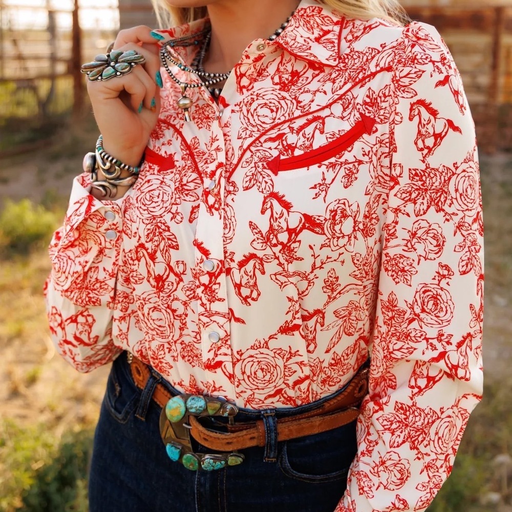 Howdy Hanny Western Horse Rose Toile Pearl Snap Shirt Red White Large Boho Chic